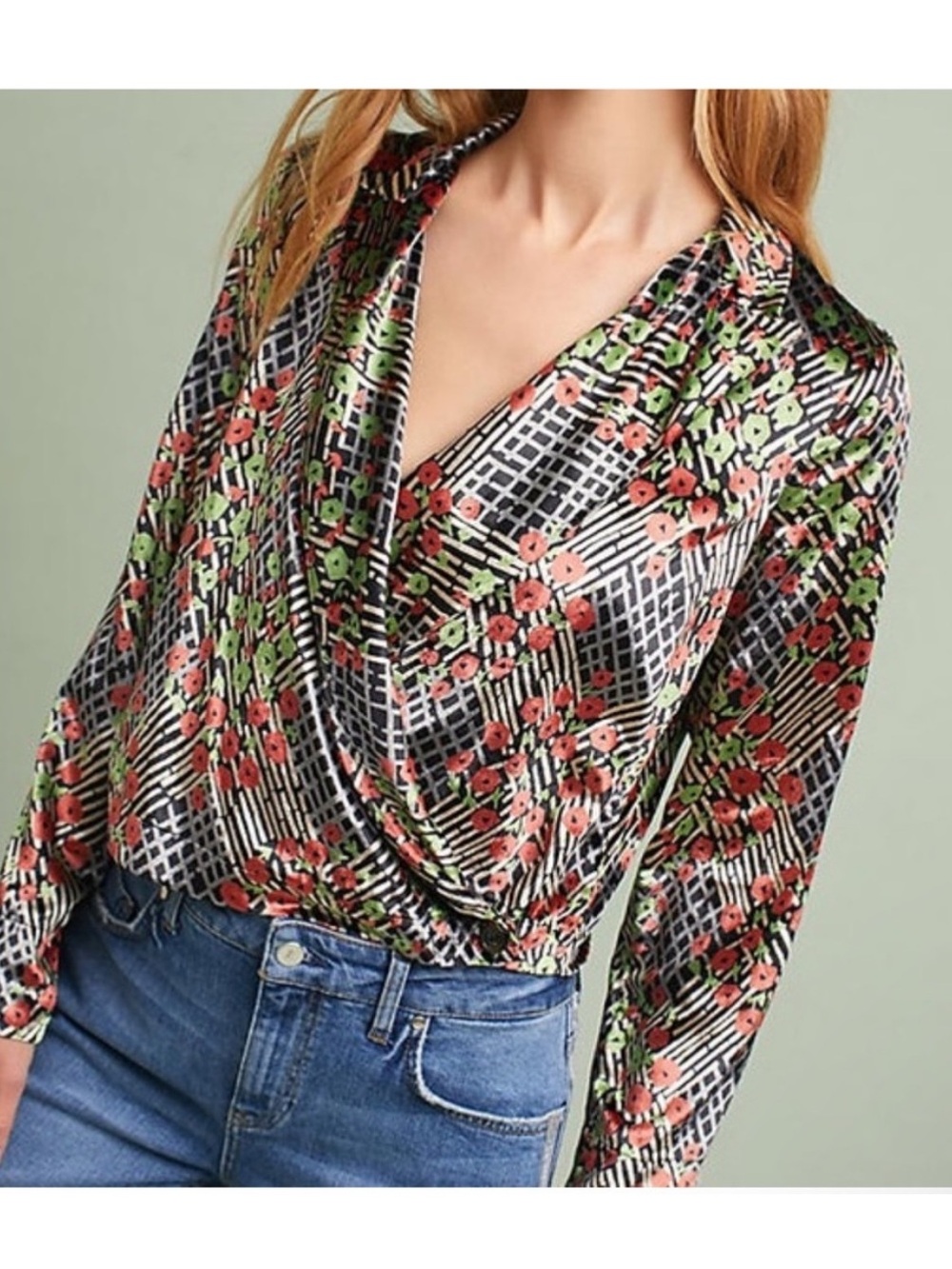 Anthropologie Ett:Twa Velvet Wrap Front Blazer Blooming Poppies Floral Size 12